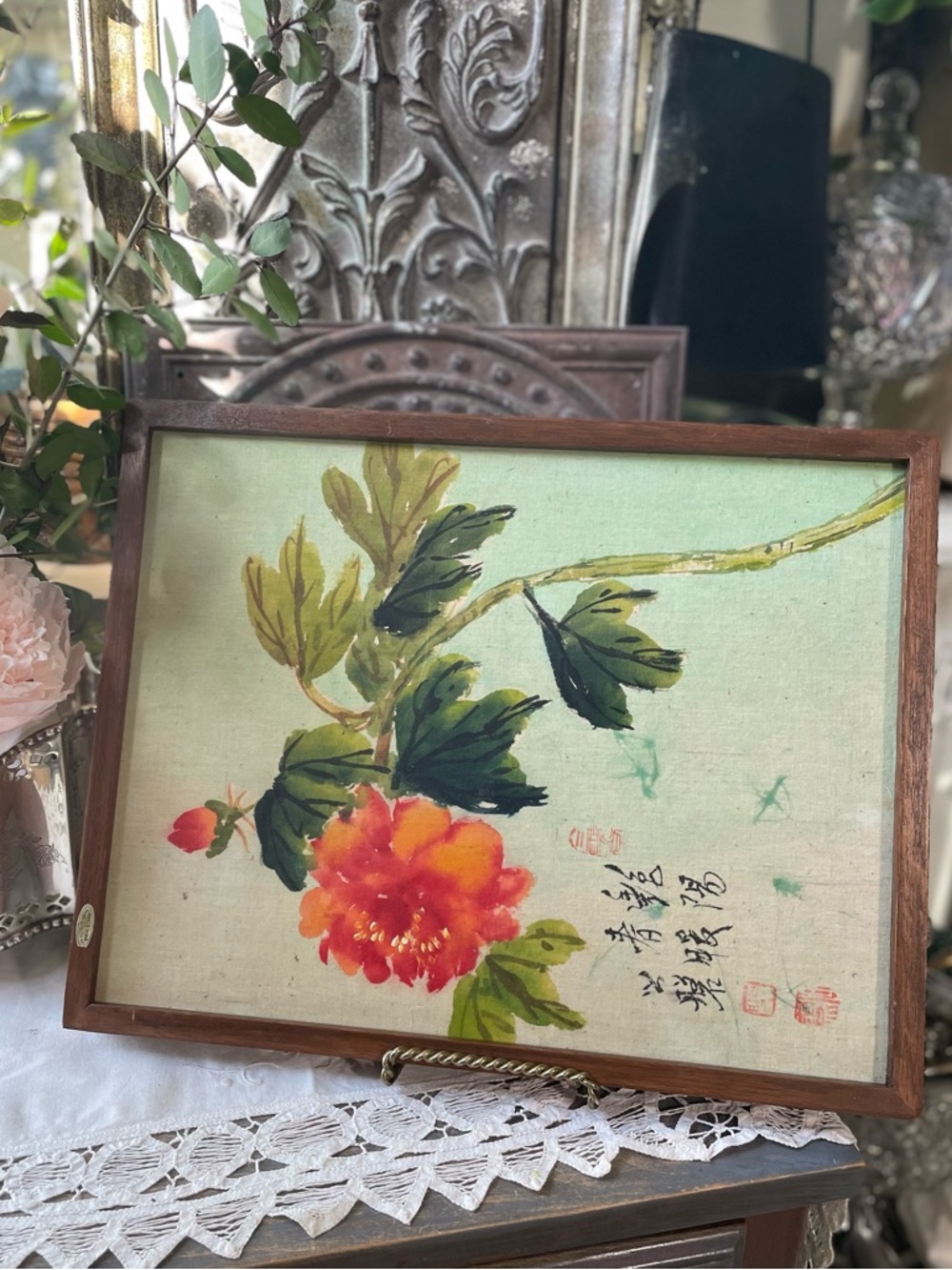 Vintage Asian flowers hand painted silk watercolor wood frame